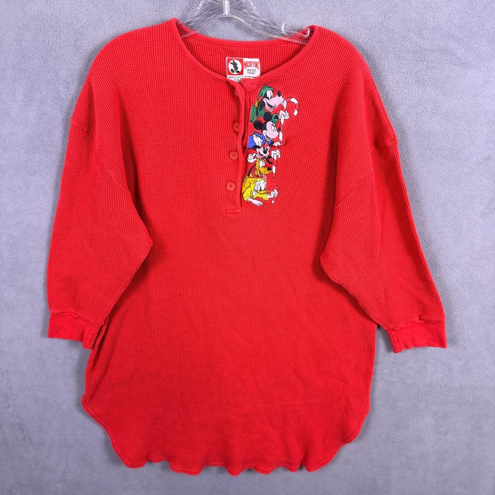 Vintage 90s Disney Mickey Inc Waffle Knit Henley‎ Night Shirt One Size Christmas